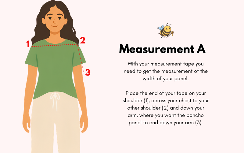 Measurement A — from the top of your shoulder, down your arm, to where you want the poncho to end